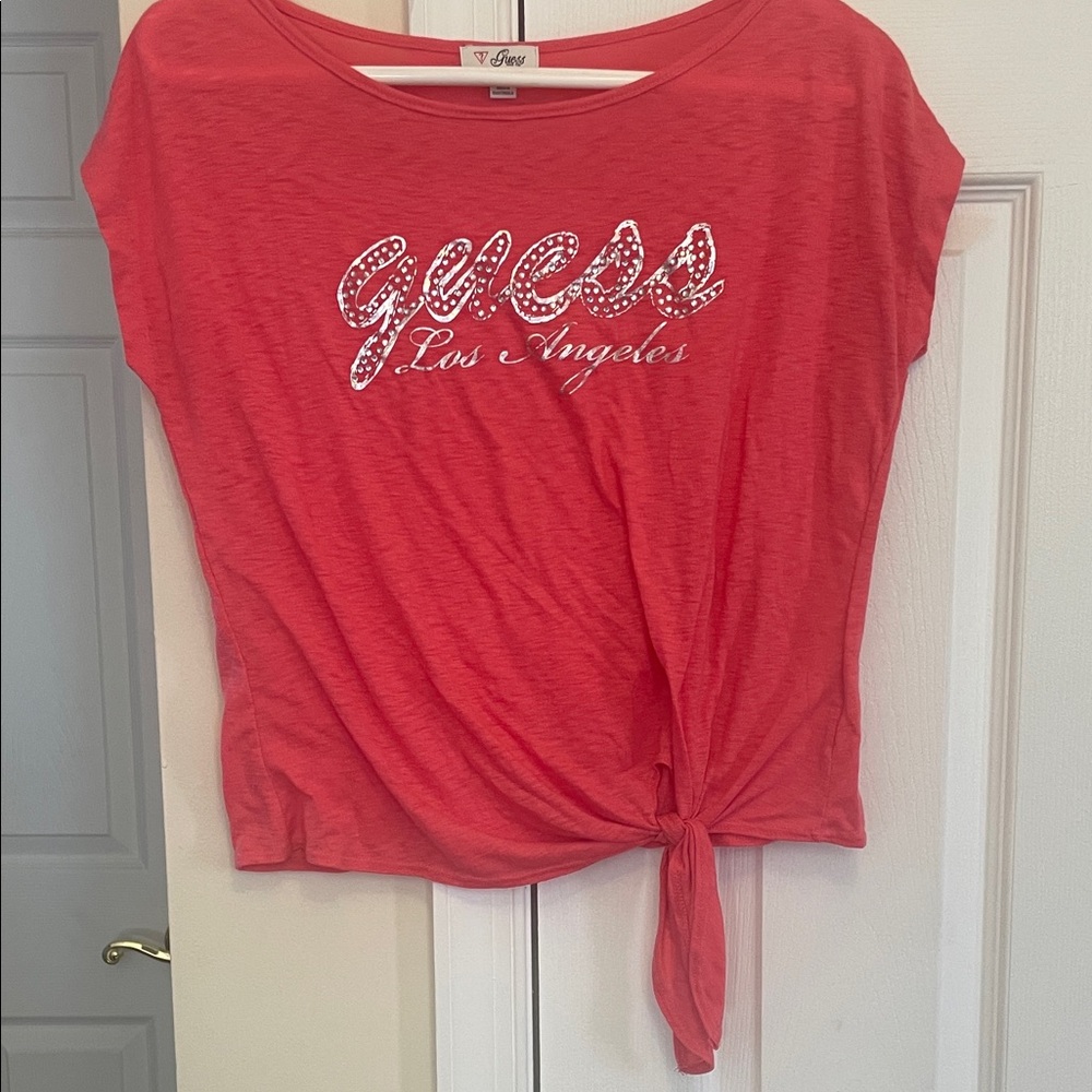 GUESS Coral Tie-Front Crop Top with Logo